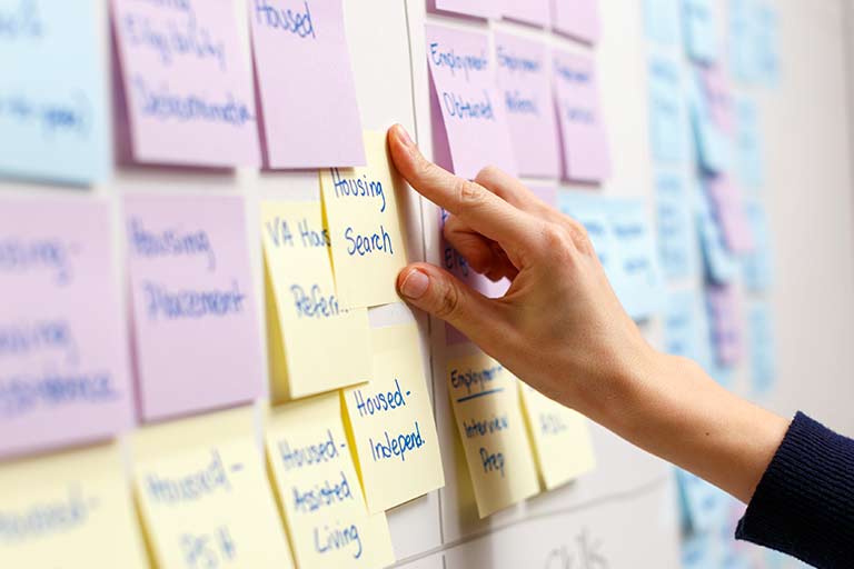 A hand next to Post-its that say things like 'Housing Search' and 'Housed - Independent'